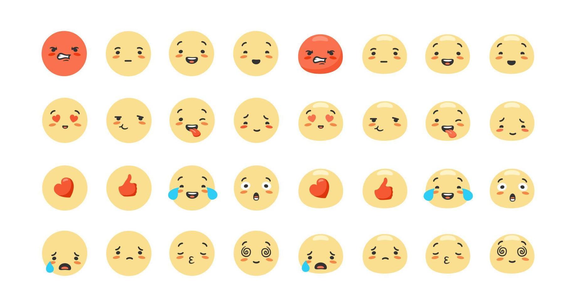 conjunto de emojis de dibujos animados. emociones de personajes rojos como con corazón caras alegres y tristes expresión de éxito y sorpresa amarilla. vector