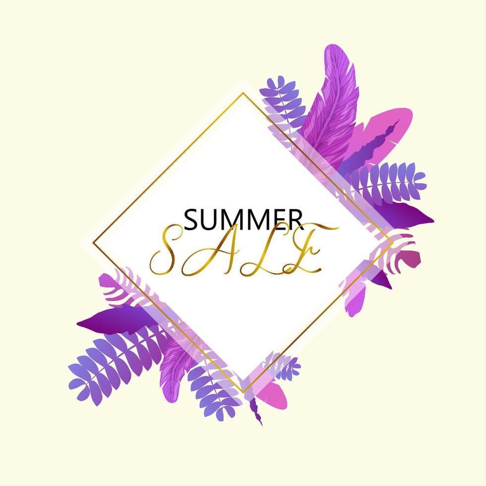 Summer sale banner template. Text in square frame with palm leaves. Tropical background. Seasonal design for shop advertisement vector illustration.