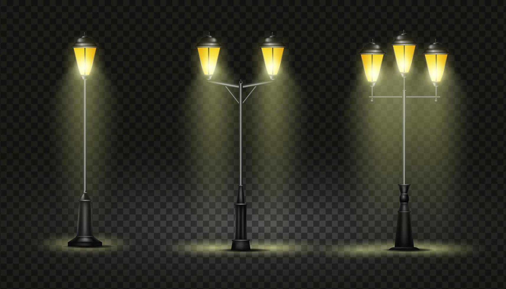 Glowing street lights isolated. Vintage lighting in glass bells on curly iron pillars vector