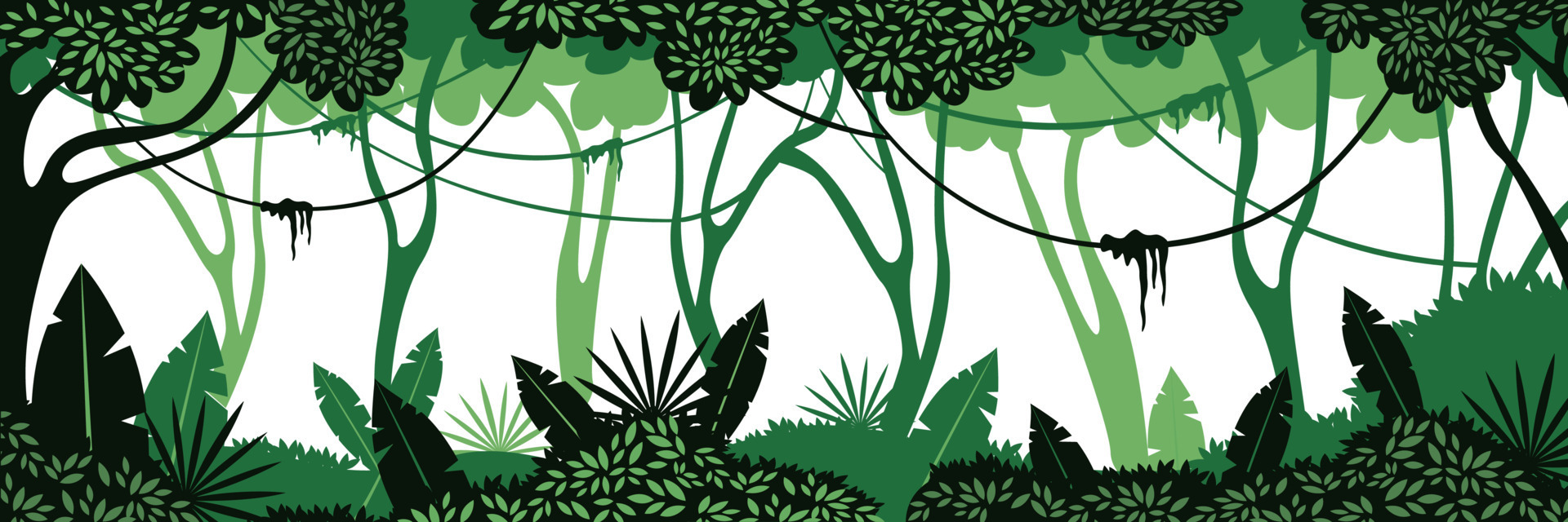 Deep jungle background. Green braided vines hanging from overgrown