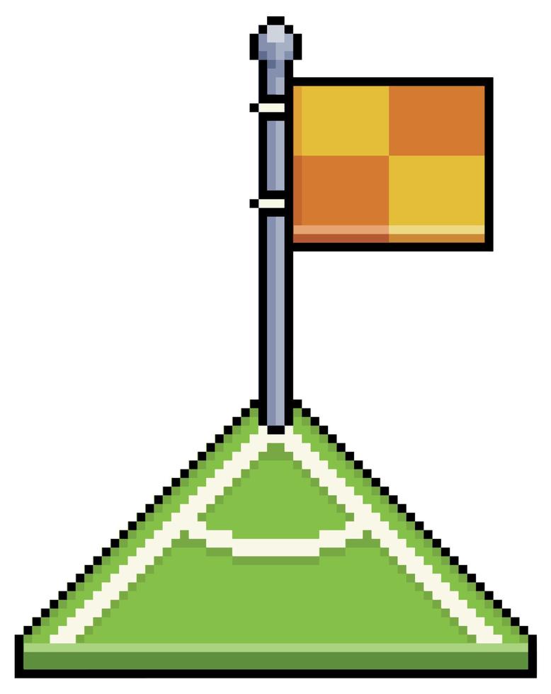 Pixel art corner kick with orange and yellow flag. Football corner vector icon for 8bit game on white background