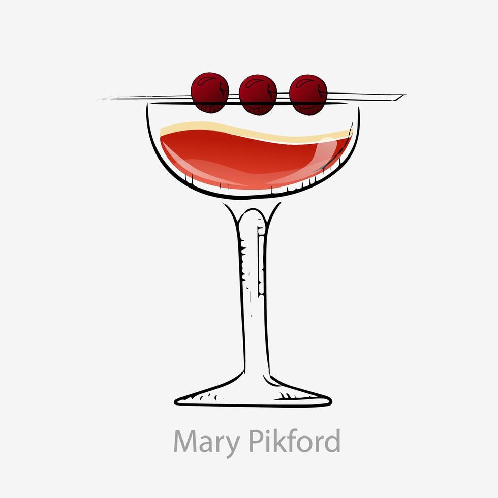 coctel mary pickford. Cóctel de naranja oscuro Cóctel de cereza sobre paja, granadina de jugo de piña de ron ligero alcohólico todo el día servido en vasos vectoriales de categoría inolvidable. vector