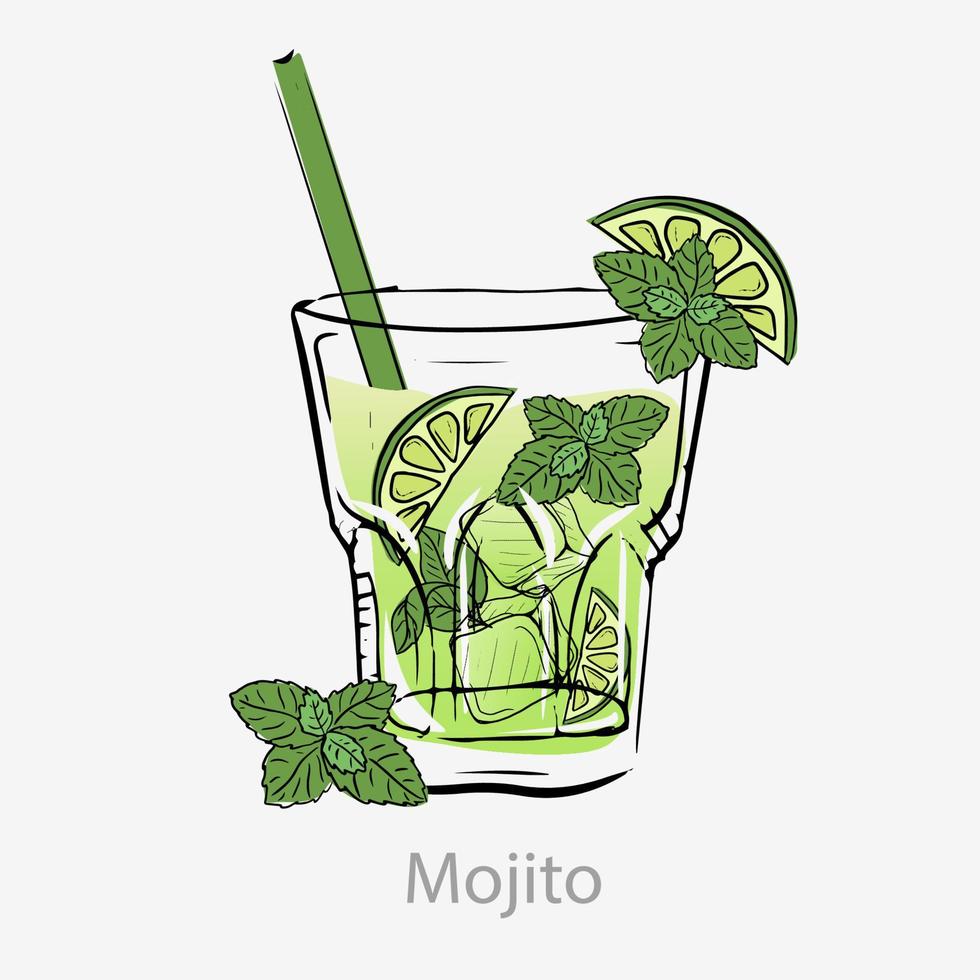 Mojito cocktail. Green cocktail slice lime straw ice cube mint leaf whole day alcoholic light rum lime juice, peppermint served in highball category vector glass unforgettable.