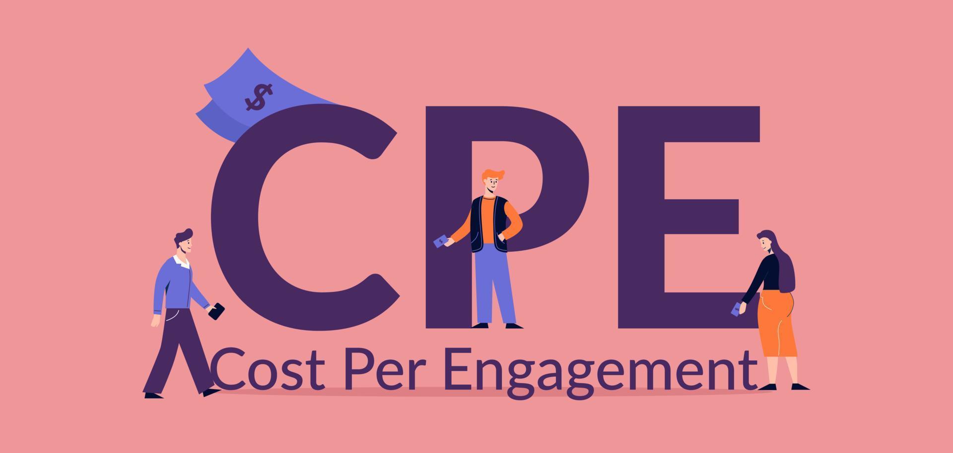 CPE cost per engagement illustration. Marketing advertising promotion business optimization electronic web management service with monetary strategy and paid vector information.