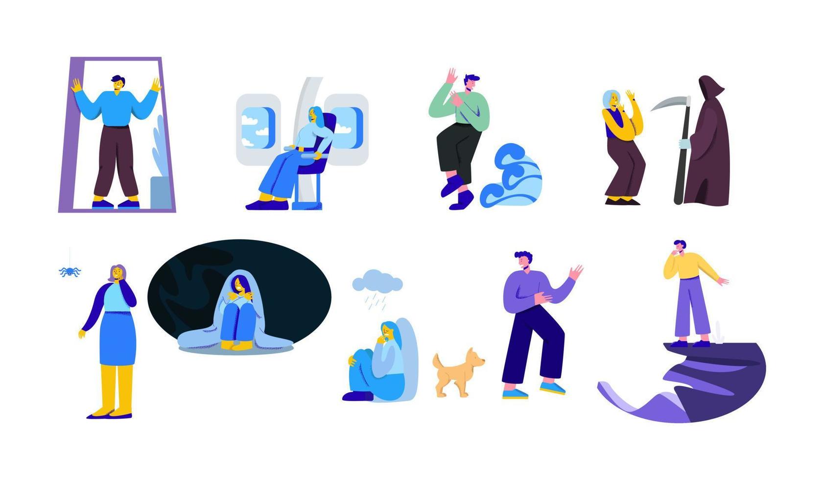 Human phobias set. Afraid flying in an airplane dislike enclosed spaces scared spiders. vector