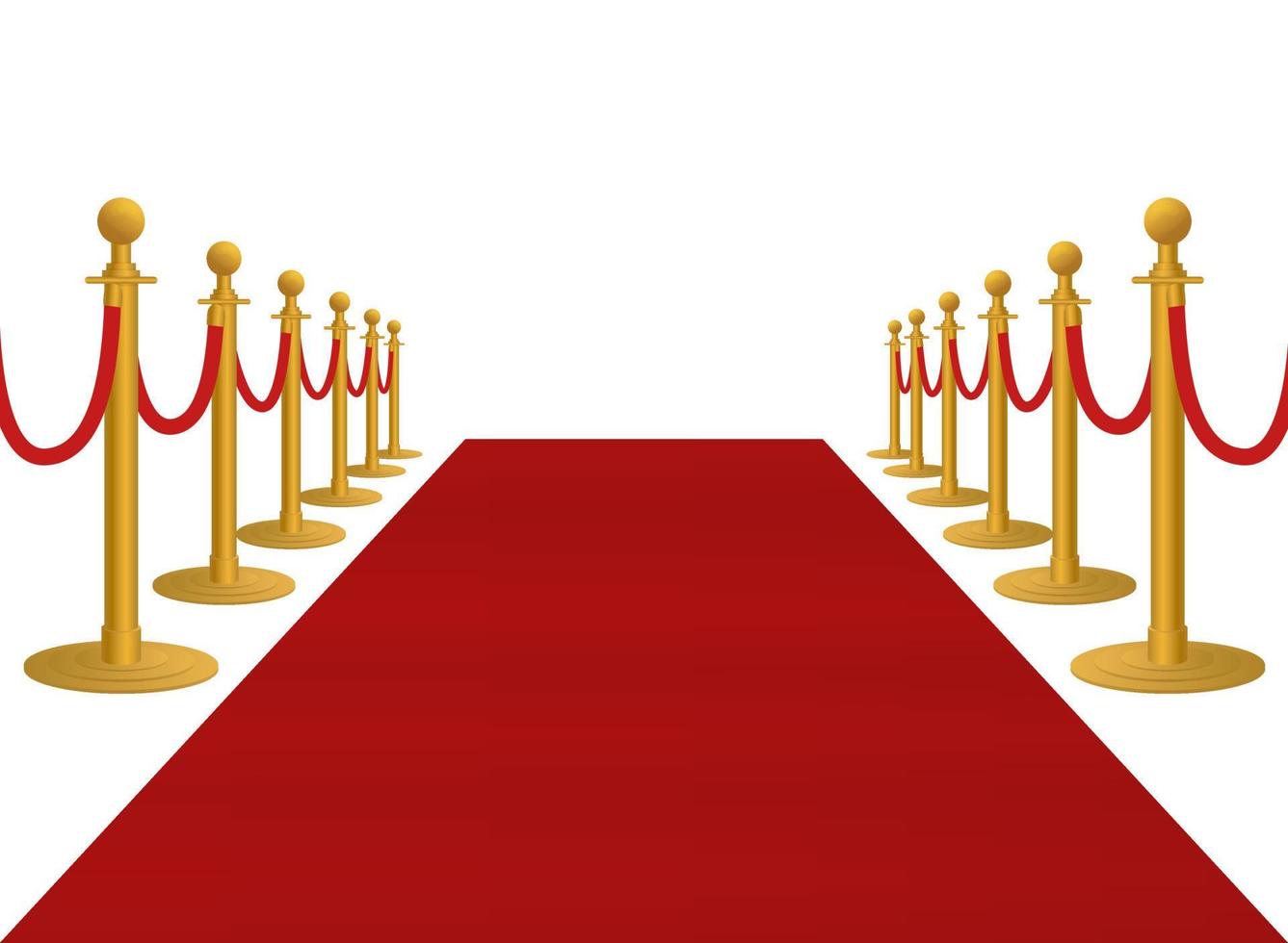 Realistic bright red carpet with barriers 3d vector illustration. Luxury entrance to vip event
