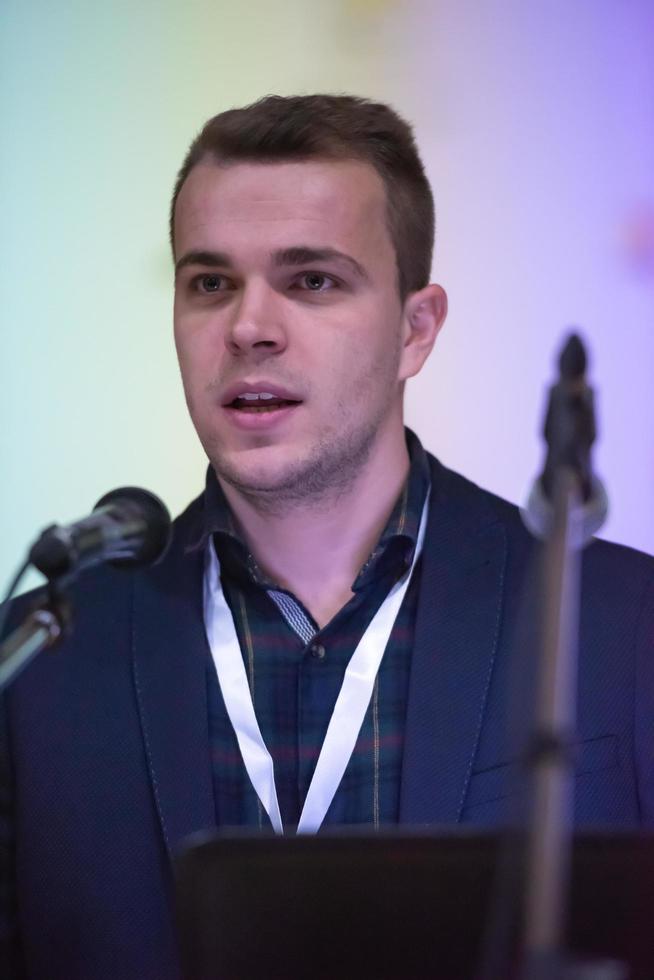 businessman giving presentations at conference room photo