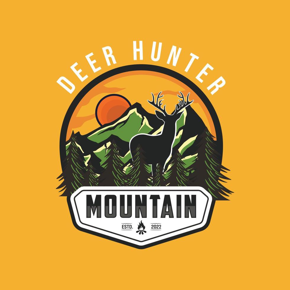 Deer Hunter logo with mountain illustration. Deer in mountain illustration vector logo template.