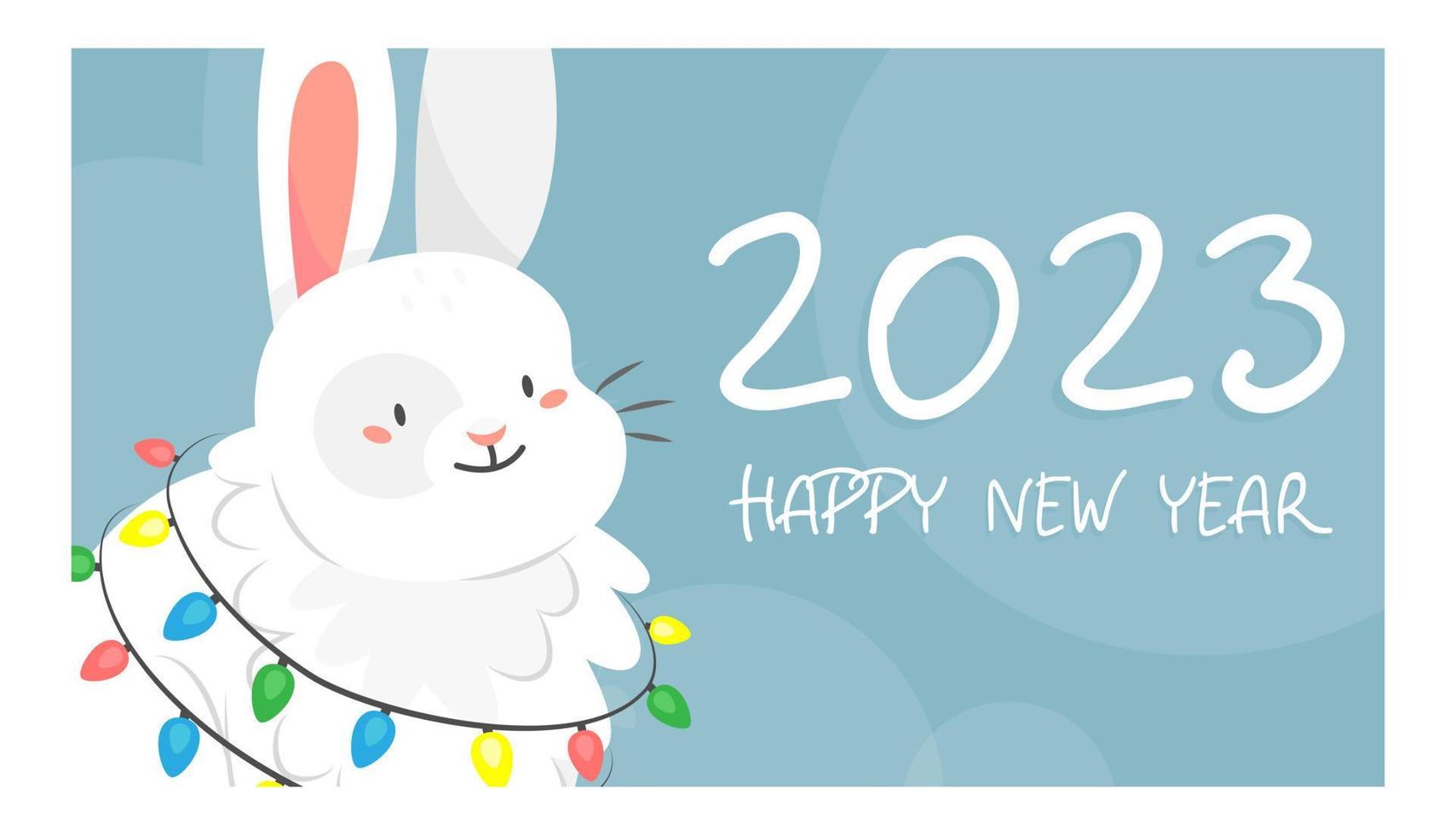 feliz año nuevo 2023 ilustración de plantilla de banner vectorial con lindo conejo blanco con guirnalda en estilo de dibujos animados. año del conejo. plantilla de tarjeta ilustración vectorial vector