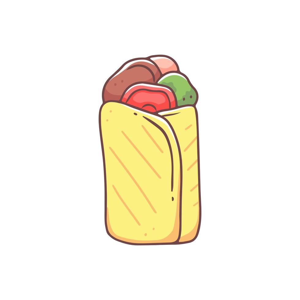 Sándwich de shawarma en un lindo estilo de garabato kawaii aislado en un fondo blanco. ilustración vectorial de comida rápida. vector