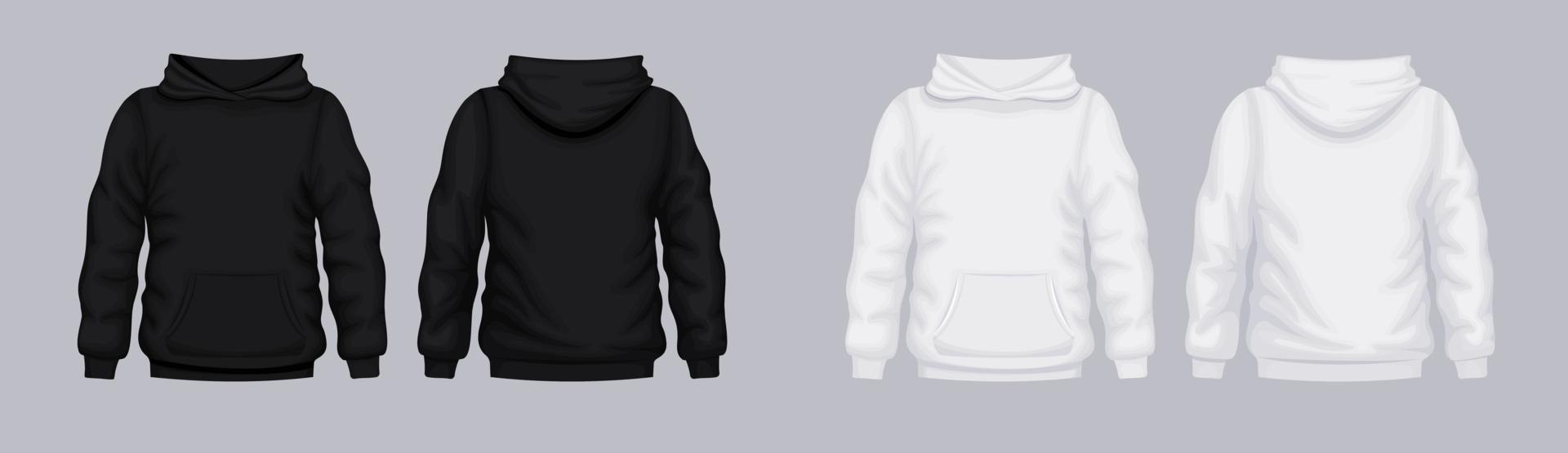 White black hoodie front back mockup. Fashionable template sweatshirt. vector