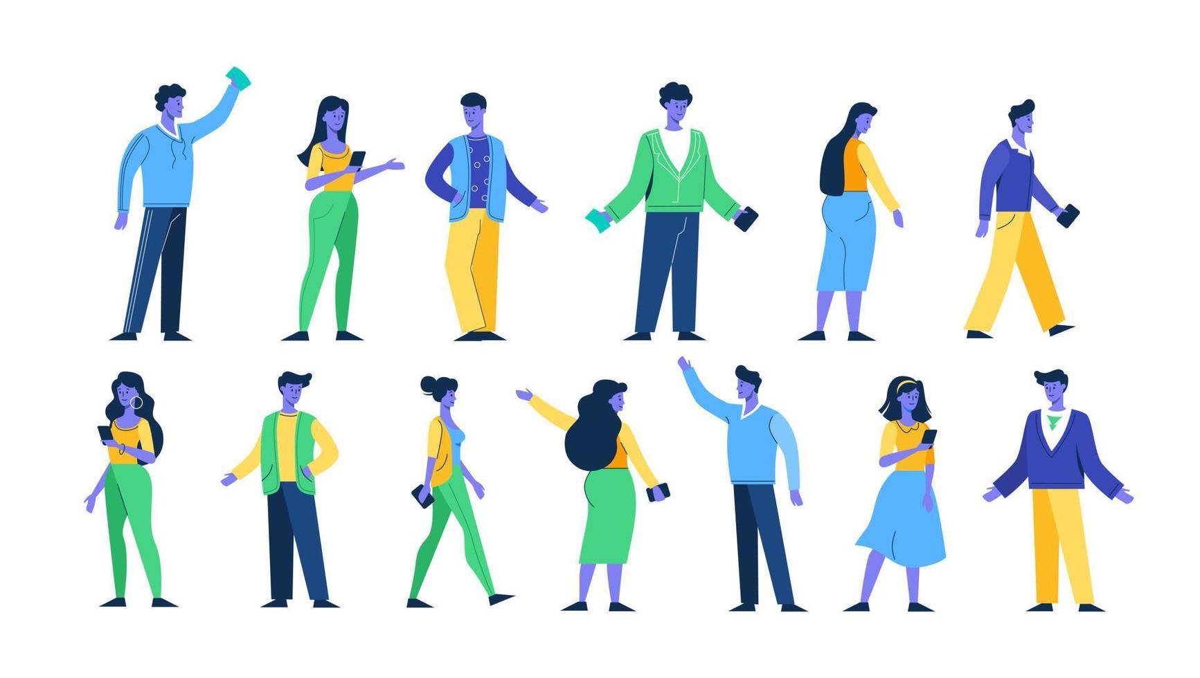 Young people characters set. Perky and cheerful purple guys communicate with girls. vector