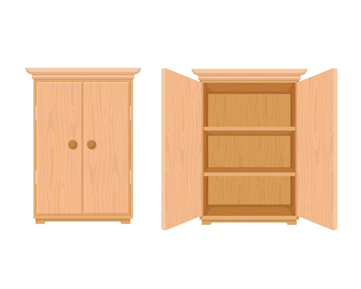 Wardrobe wooden template open and closed. Modern wooden stylish cupboard stylish design. vector