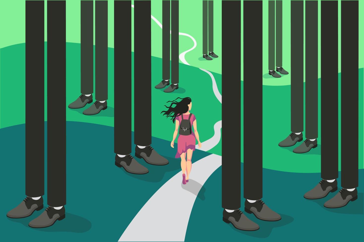 Cartoon backpacker travel tiny woman go on hard way surrounded by abstract forest legs businessman vector