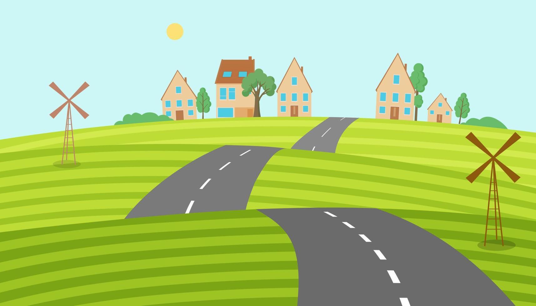 Highway is laid through hilly fields to village. Winding circular roads vector