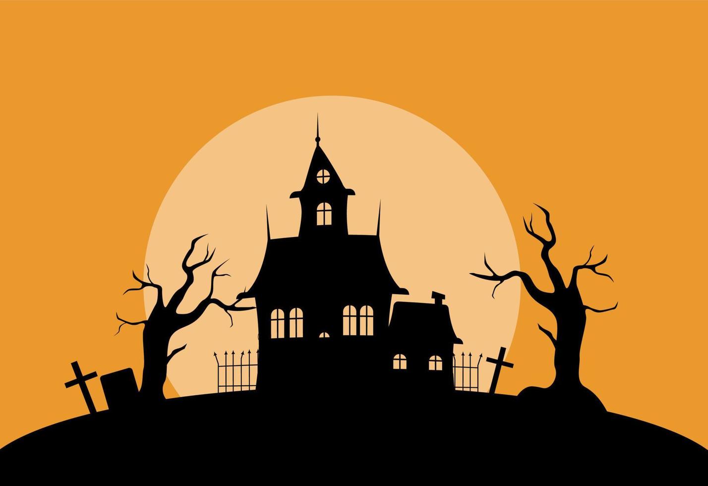 Mystical house in cemetery silhouette illustration. Spooky old palace with dry trees and gravestones against setting sun with creepy gothic vector. vector