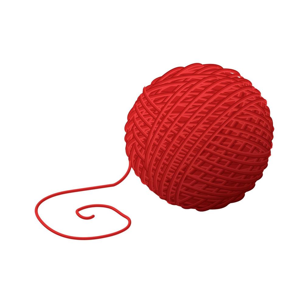 Woolen red ball yarn for knitting. Traditional handicraft, needlework, art of creative knitting. The symbol of a hobby. Vector graphics isolated on white background.