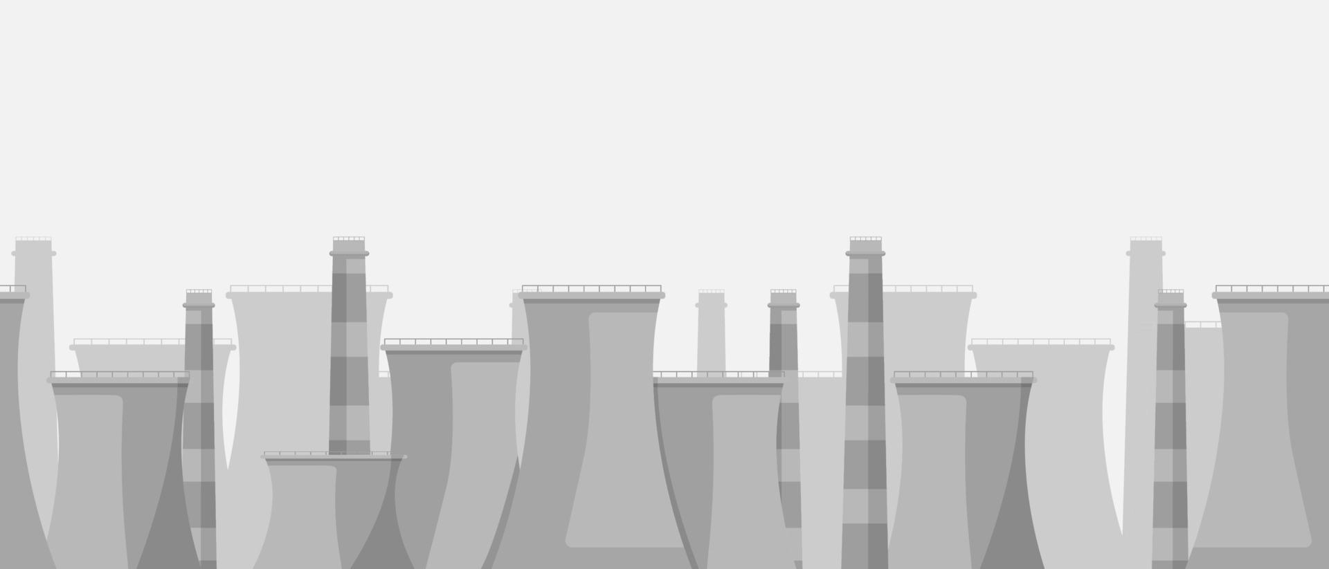 Industrial landscape. Chemical stations factories with powerful pipes oil refineries with toxic production departments huge structures of areas that pollute vector environment.