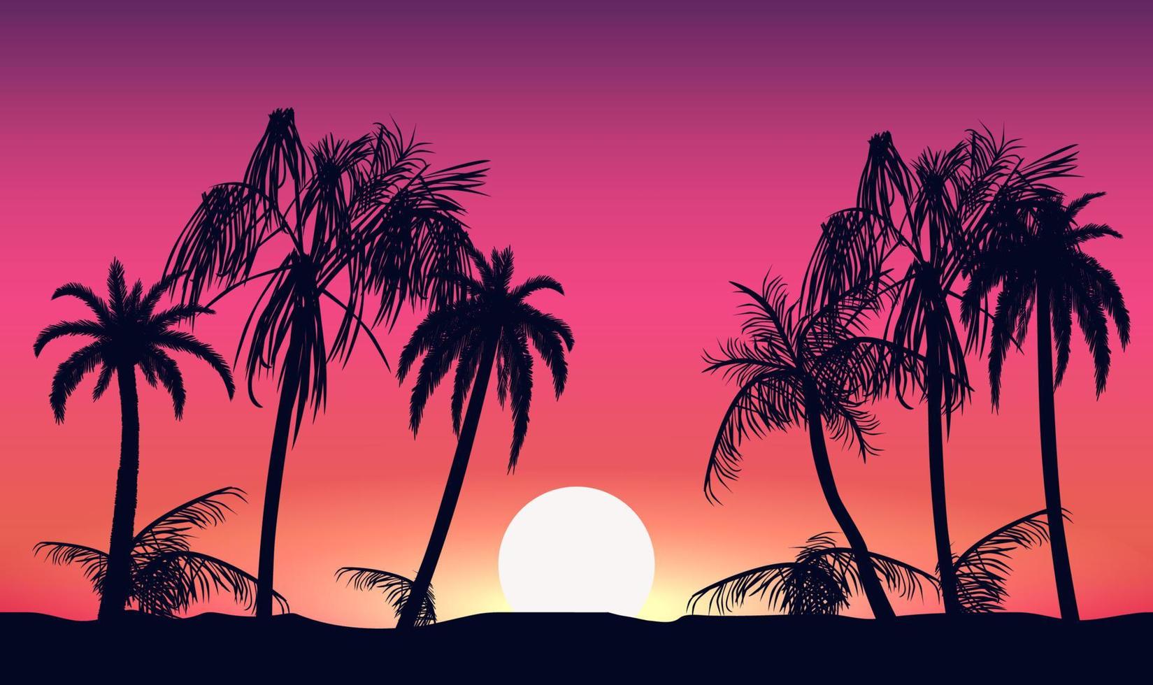 Sunset and silhouettes of palm trees. Tropical beach on background pink setting sun beautiful paradise coast resort romantic lagoon with exotic vector evening.