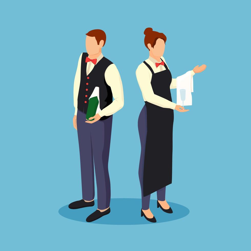 Waiters ready receive visitors isometric illustration. Female and male characters in uniform with red bow tie stand with bottle wine wrapped in towel. vector