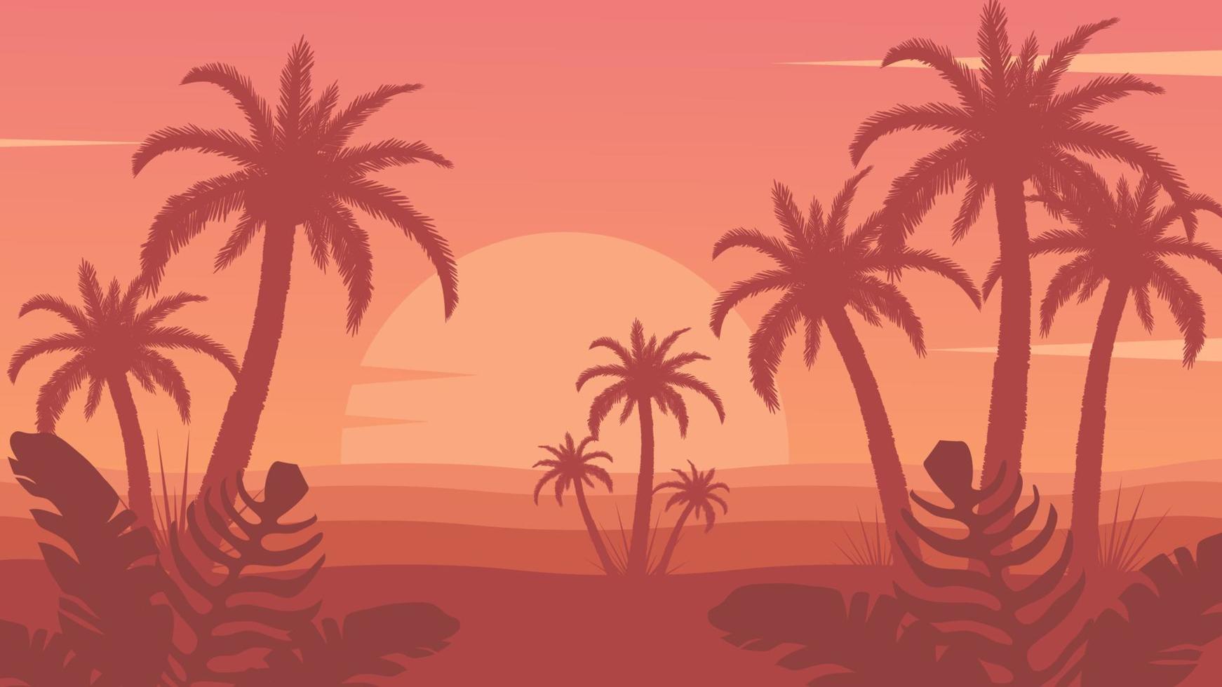 Tropical palm trees near sea or ocean. Beautiful sky with sunset background. Summer vocation, island with nature vector illustration.