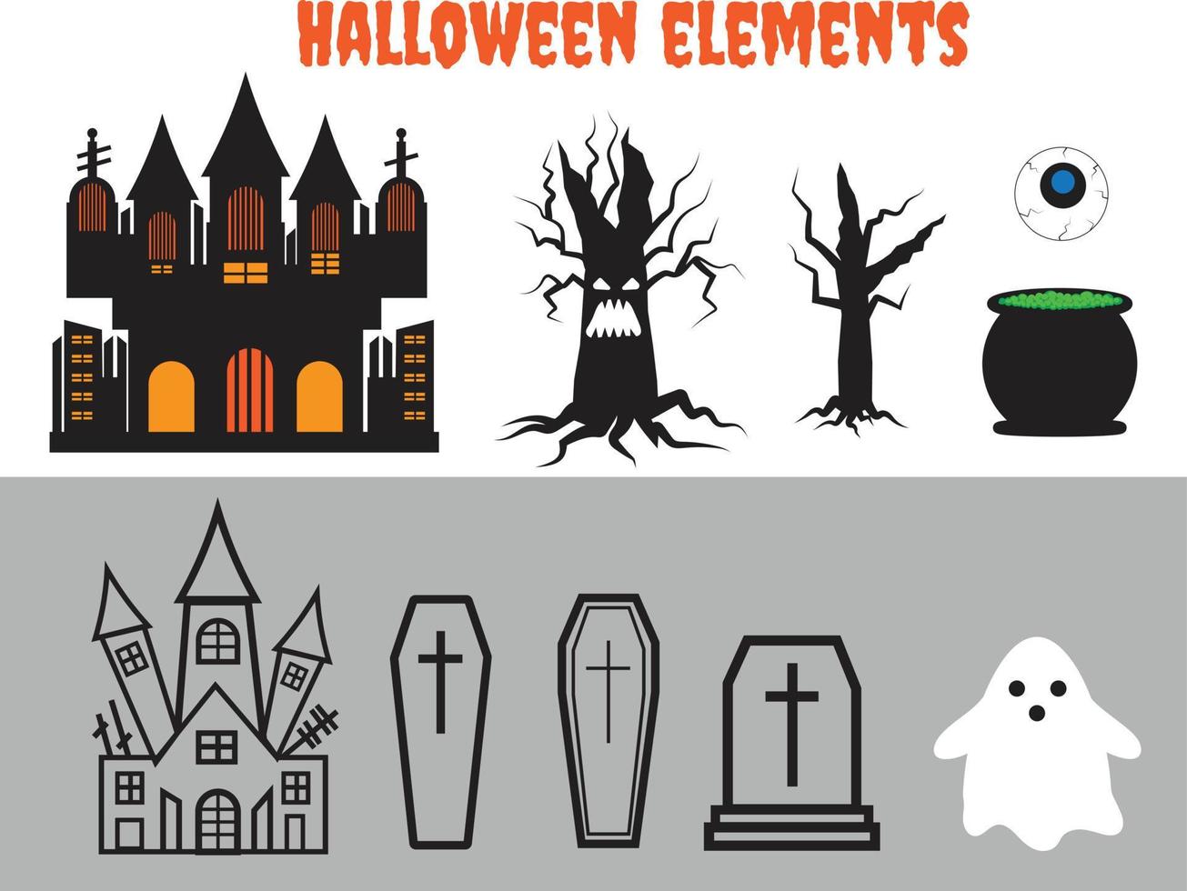 conjunto de elementos vectoriales de halloween de casa embrujada, castillo, ataúd, tumba, fantasma, ojo y olla vector