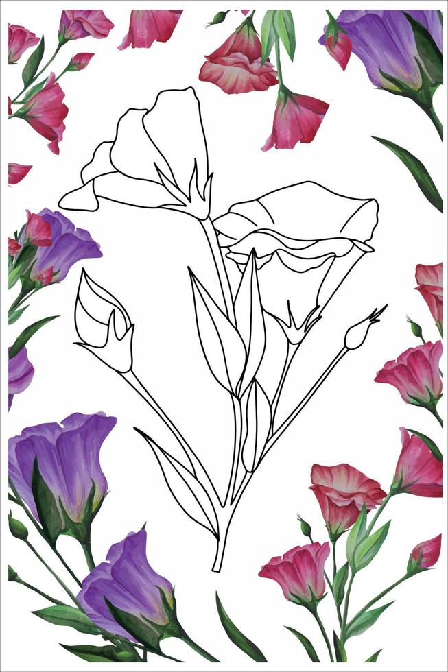 lisianthus flower, eustoma coloring book with flowers for relaxation, decorative flower in doodle style vector