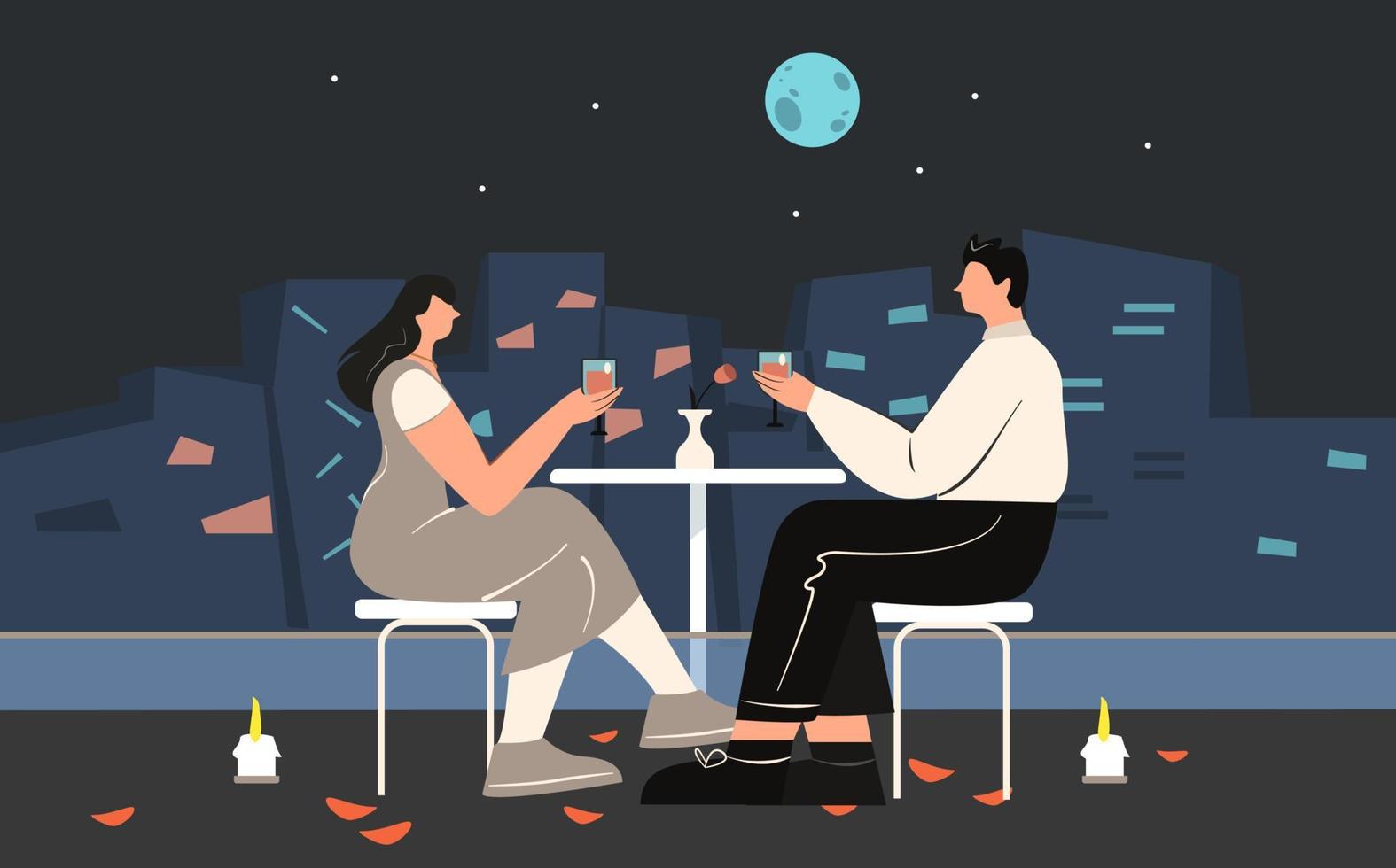 Couple enjoying romantic evening sitting on table drinking wine on roof vector flat illustration