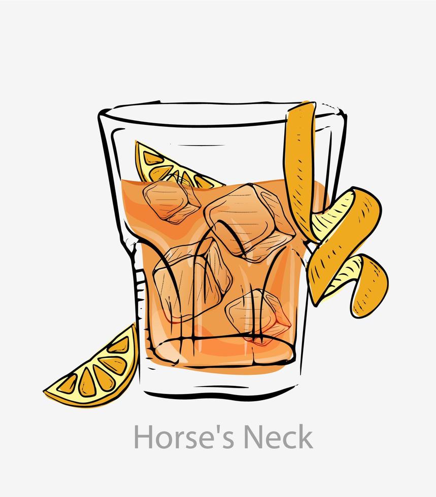 cóctel de cuello de caballo. Cóctel de naranja cubitos de hielo ralladura de limón espiral rebanada de naranja alcohol a base de brandy todo el día ginger ale servido en un vaso alto con hielo en la categoría de vidrio vectorial clásico moderno. vector