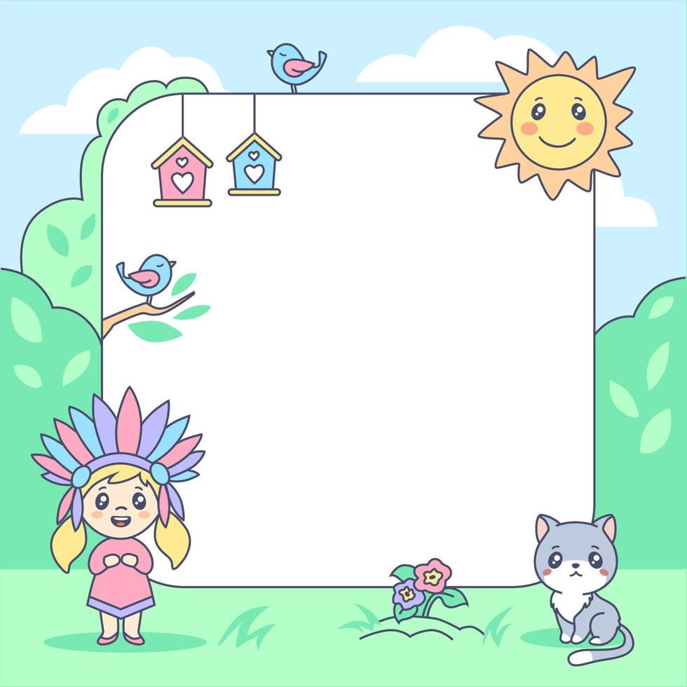 Cartoon pastel children summer frame with girl injun costume and cute cat vector illustration