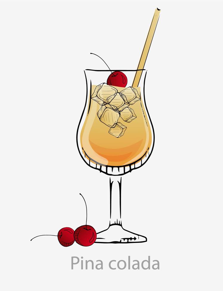 Pina colada cocktail. Yellow cocktail cherries straws ice cube long drink alcoholic light rum coconut milk pineapple juice served in vector goblet, category modern classic.
