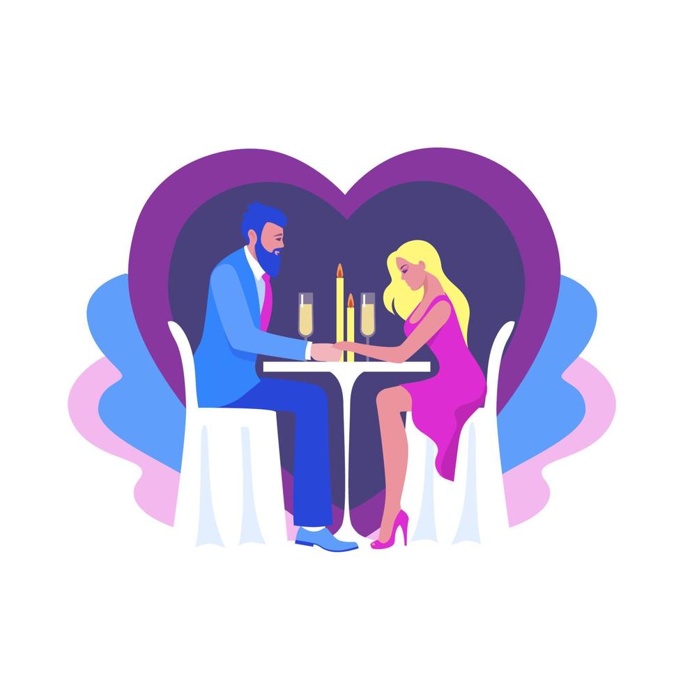 hombre y mujer de dibujos animados disfrutando de una cena romántica en pareja celebrando el día de san valentín vector