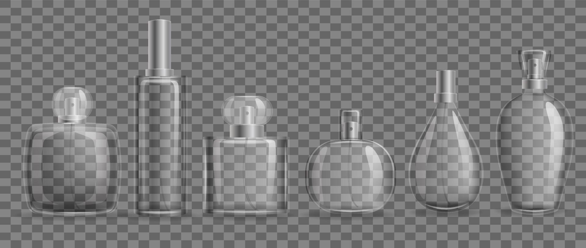 Glass bottles with perfumes mockup set. Stylish realistic templates transparent packaging for gel perfume clean hygiene for beauty salons moisturizing cleansing vector effect.