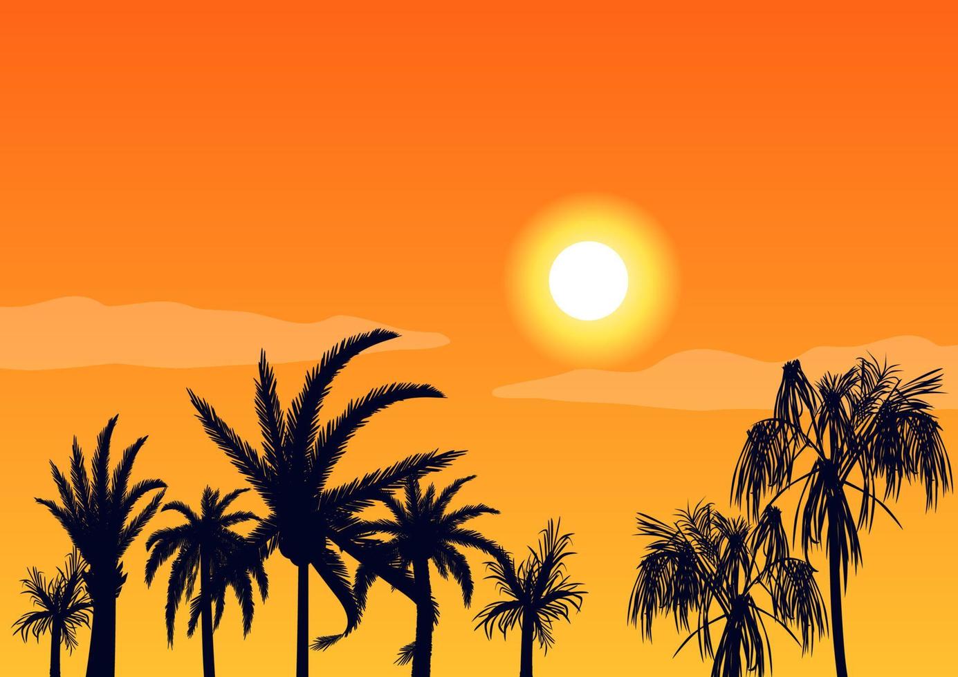 calurosa puesta de sol por la noche y siluetas de palmeras. playa tropical en el fondo puesta de sol naranja brillante hermoso paraíso costa resort laguna romántica con vector exótico.