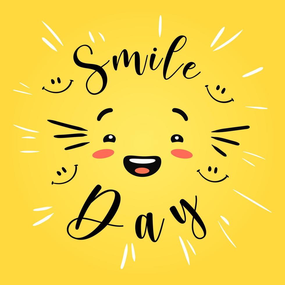 Yellow smile day. Joyful happy faces in expression make cute grimaces universal celebration laughter and happiness. vector