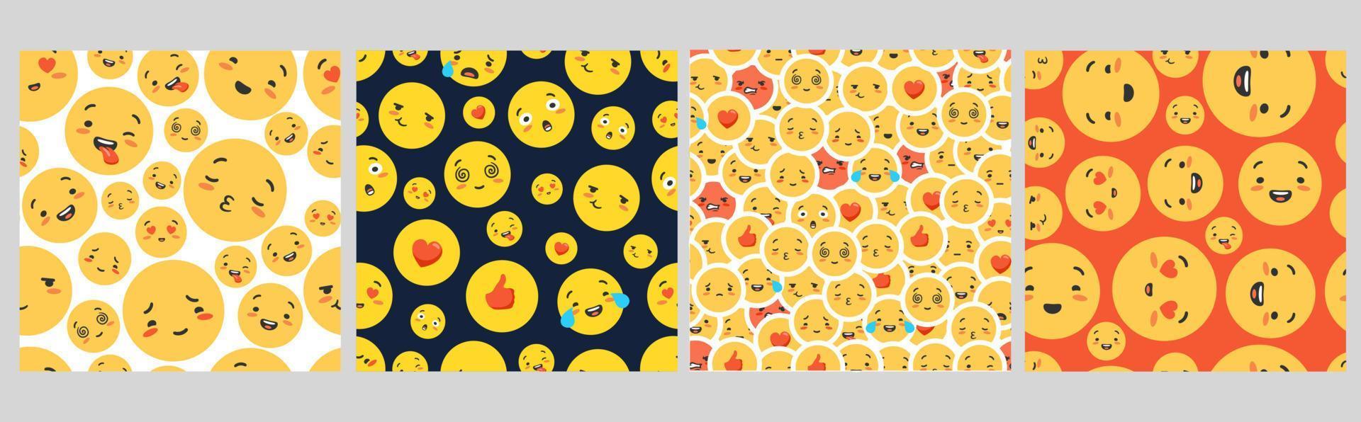 Pattern with emoticons, seamless. The concept of various happy and funny emojis, colorful and positive, kiss, wink, love, approval. Suitable for printing, wallpaper, textiles. vector