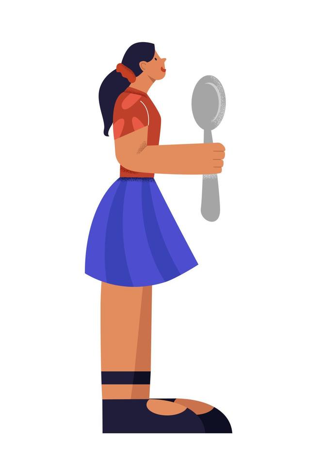 Cartoon character teenager girl holding spoon ready to degustation big limbs style isolated on white. Casual female waiting meal side view vector flat graphic illustration