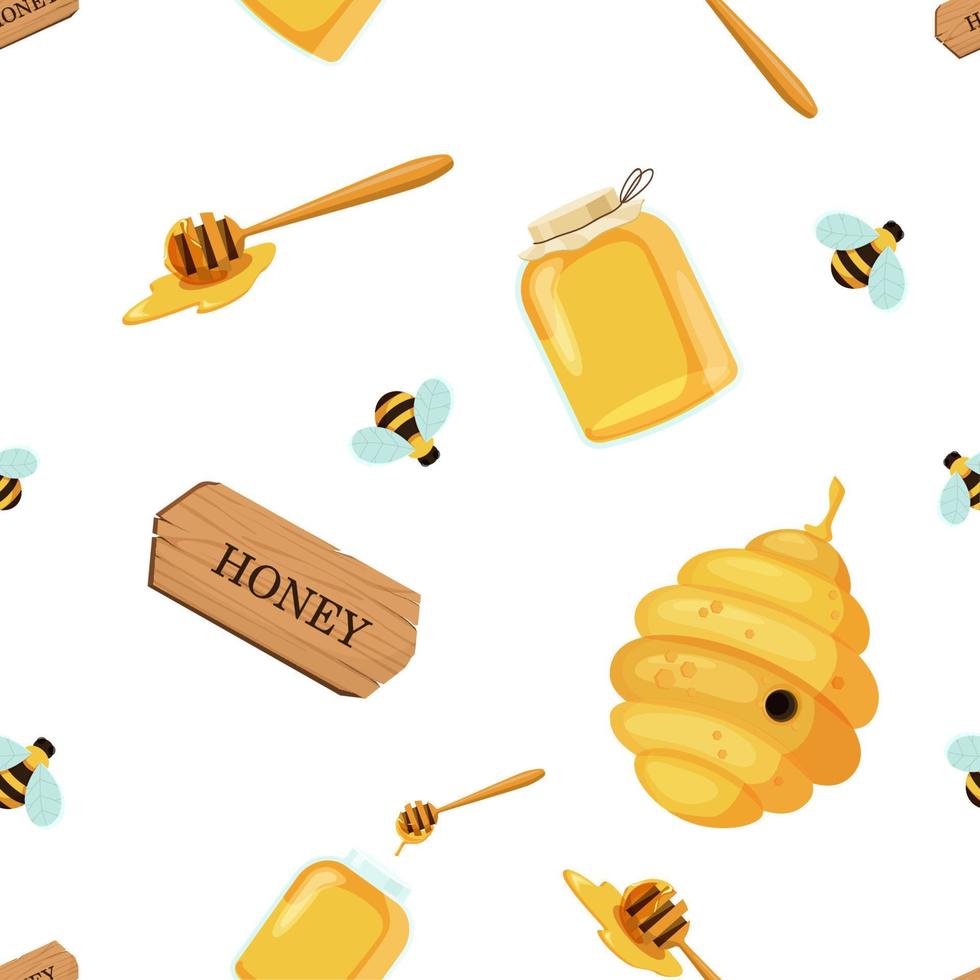 Honey jar with bee hive and stick seamless pattern. Sweet nectar in golden filled glassware and spoon flowing down yellow vector liquid.