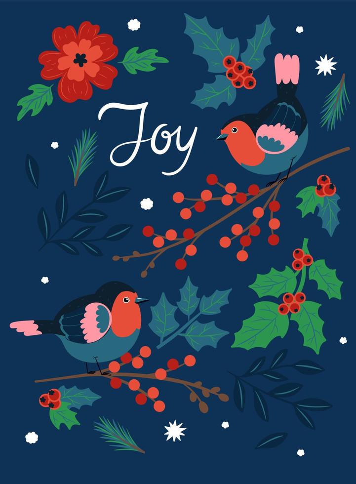 Christmas card with robin birds. Vector graphics.