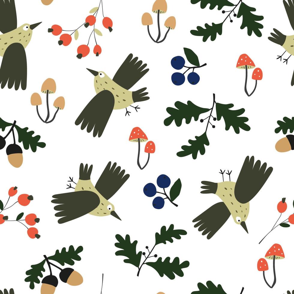 Seamless autumn pattern with thrush birds, berries and mushrooms isolated on a white background. Fall graphic print. vector