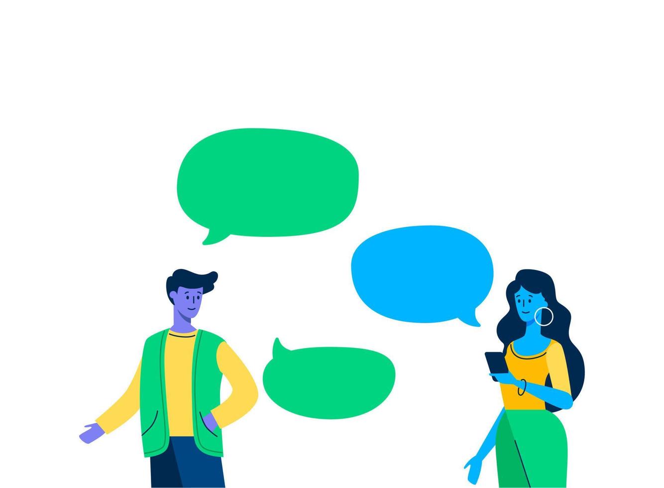 Girl dialog chat messenger with guy on date, speech bubble. Young beautiful girl communicates with guy about cartoon date place speech bubble love color vector dialogue.