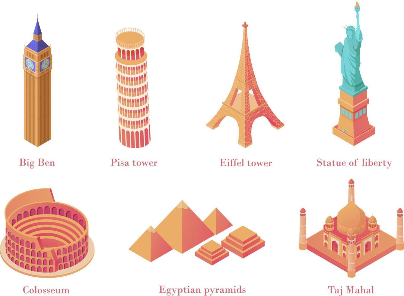 Architectural tourist attractions isometric. Old historical monuments Big Ben London leaning tower in Pisa. vector