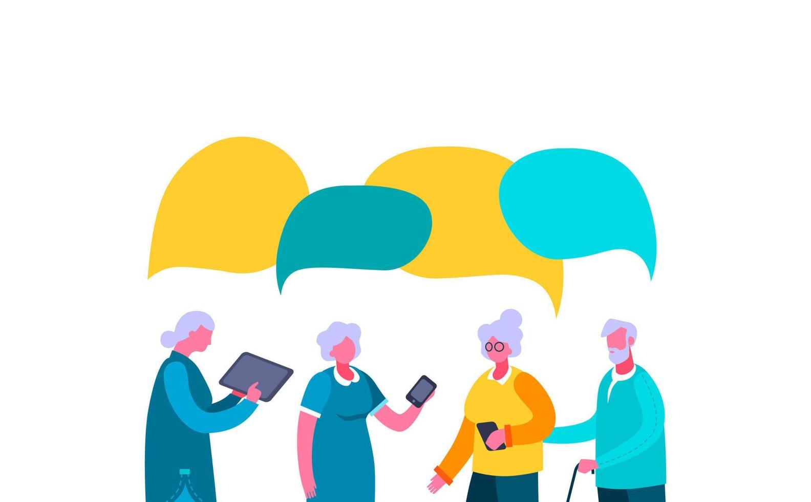 Older people discuss latest web chat speech bubble. Three elderly women and man communication with smartphones tablet share latest chat vector news from site over heads speech bubble.