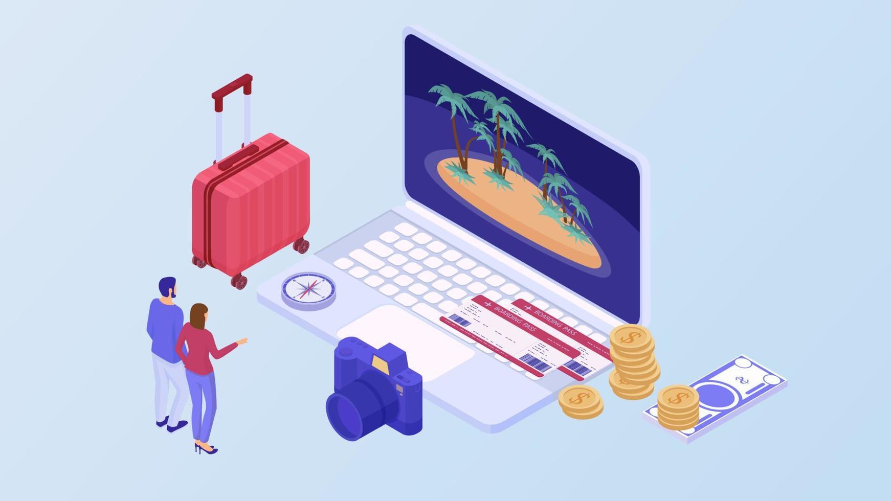 Vacation planning isometric concept. Married couple chooses resort laptop prepared red suitcase. vector