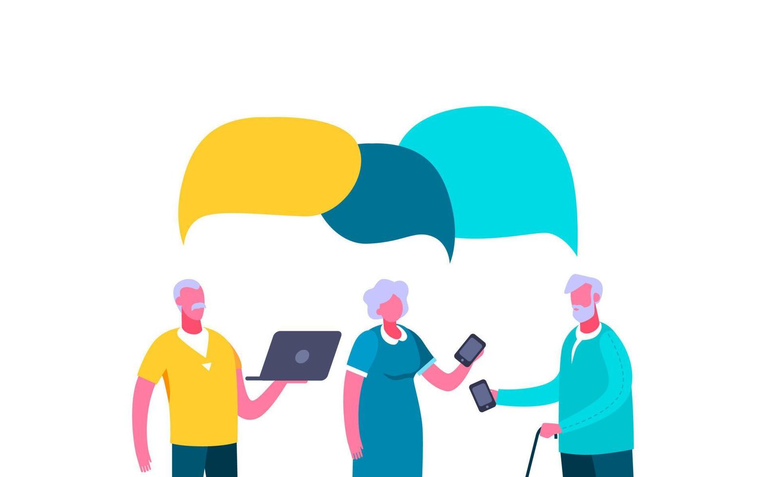 People older discuss online chat speech bubble. Two elderly men and woman with smartphone laptop discussing web news chat speech bubble, color vector lively flat dialog.