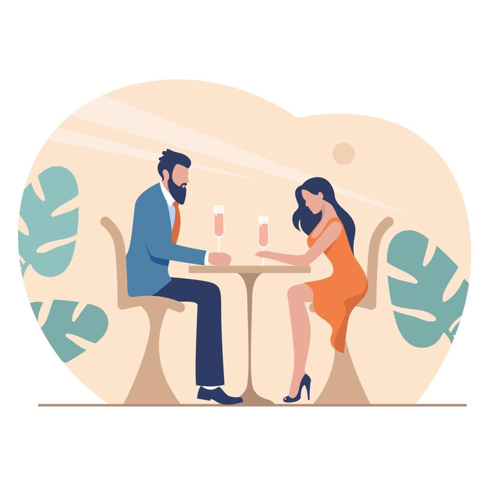 cena romántica en la ilustración del restaurante. personajes felices están sentados en la mesa del restaurante con copas de vino rosado. vector