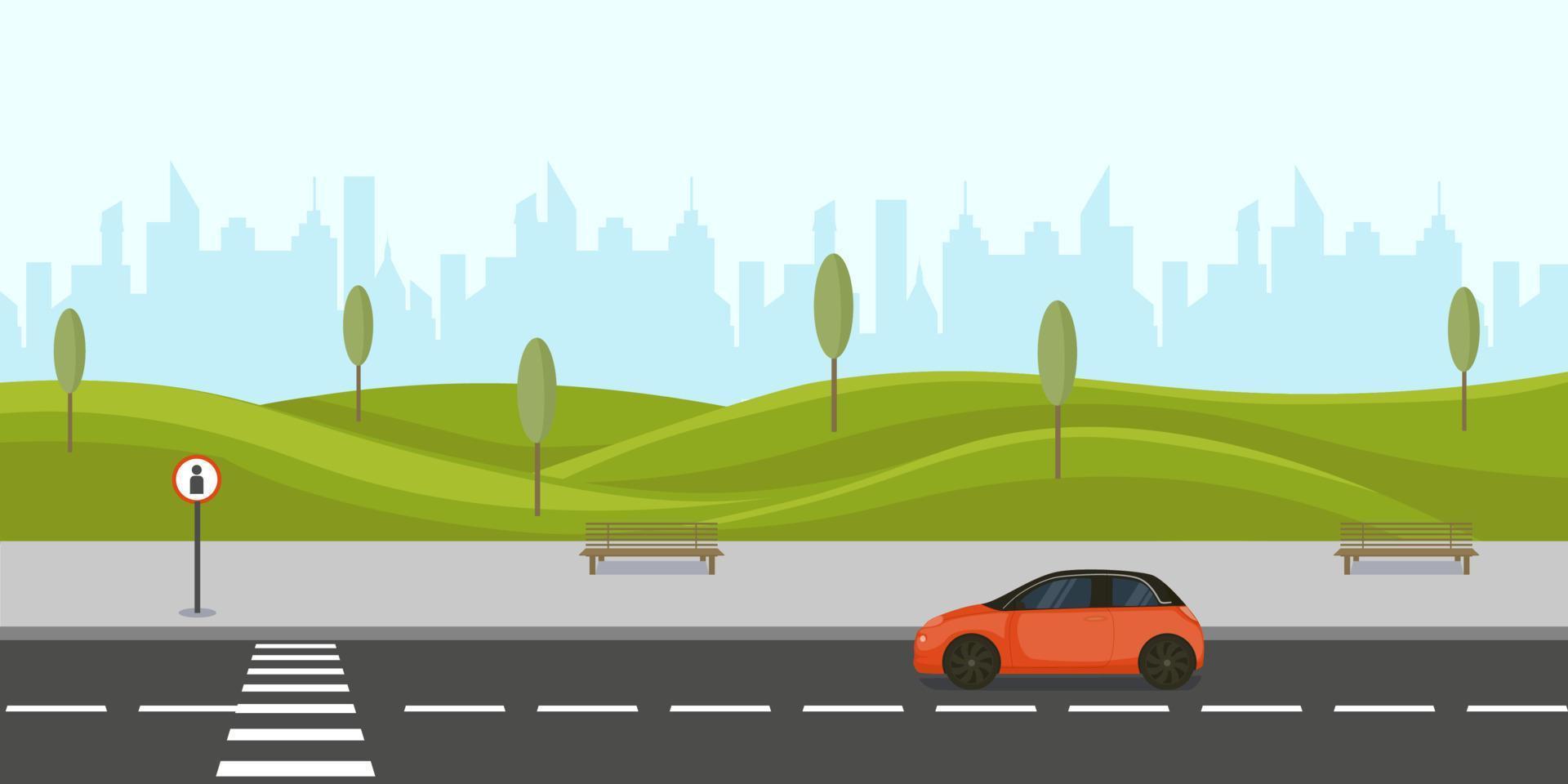 City highway with pedestrian crossing. Car standing at crossroads of metropolis vector