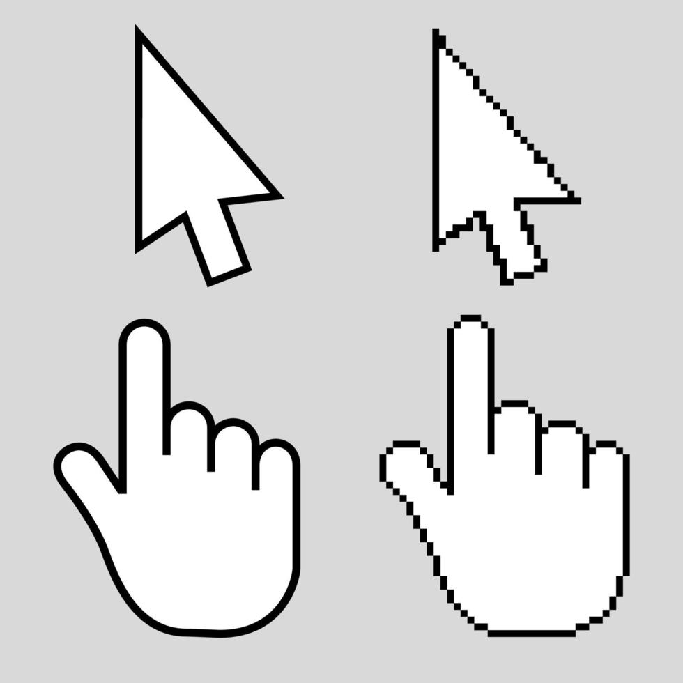 icono de cursor de mano con un dedo índice y una flecha. gráficos de diseño de píxeles para tecnología informática moderna, sitios web, blogs, aplicaciones informáticas, programas. vector