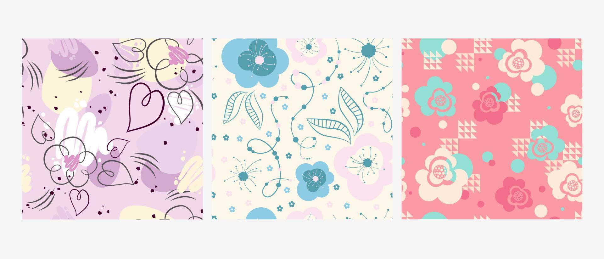 Abstract floral ornamental seamless pattern. Flowers with leaves and hearts on pastel background. Design for fabric, wrapping paper vector illustration.