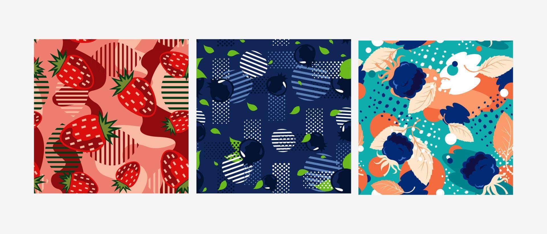 Colored berry patterns . Red, blue, blackberry of patterns on a background of strawberries, blackberries and currants. Saturated bright, colorful textures. vector